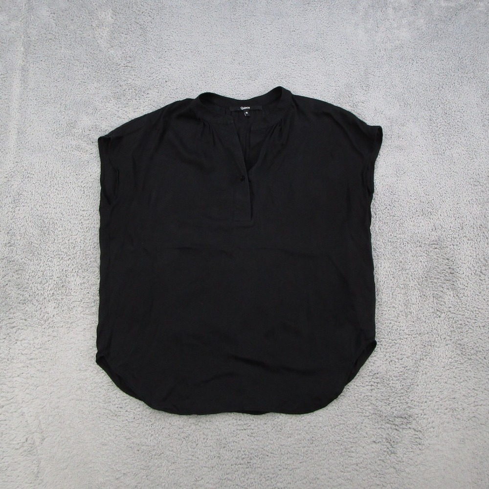 Quince Silk Stretch Black Short Sleeve Split Neck Blouse Top Small